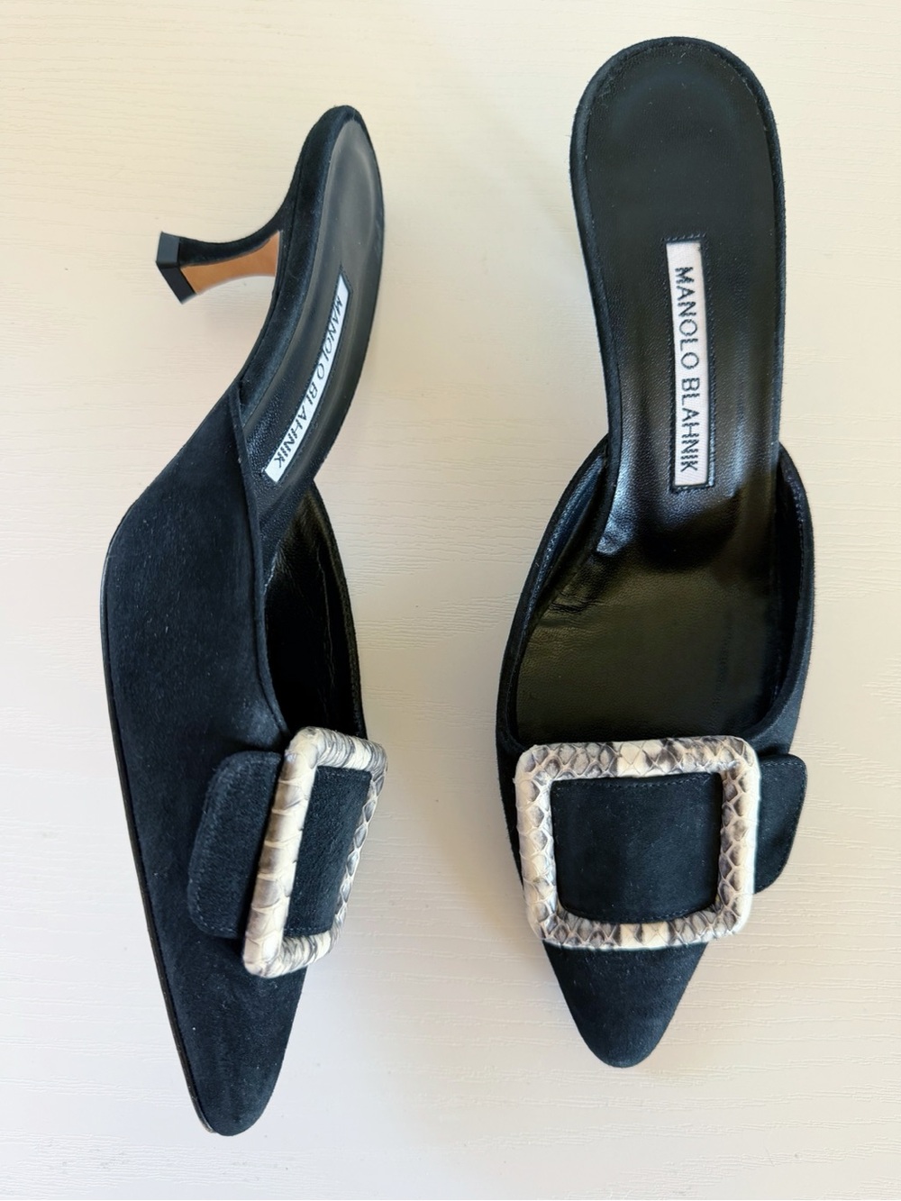 Manolo Blahnik Maysale Black Suede Snake Buckle Mule Heels EU 37